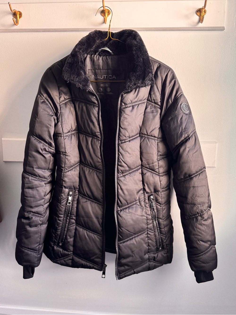 Nautica Black Faux-Fur Collar Quilted Puffer Jacket with detachable hood